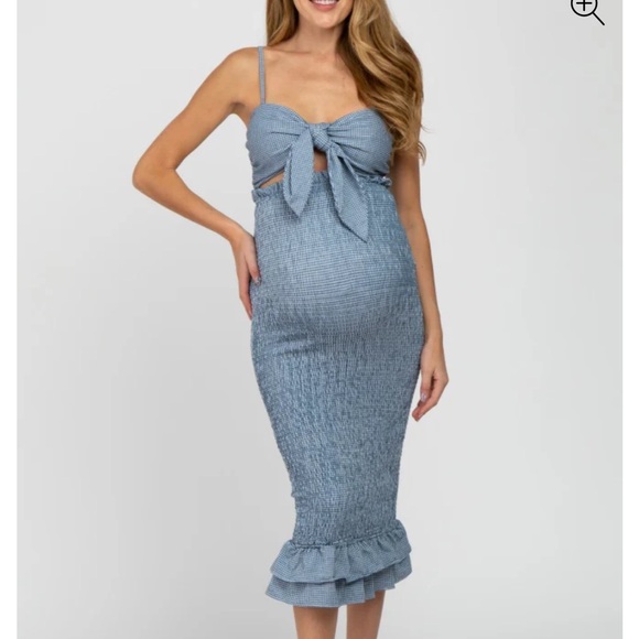 Maternity Blue Bow Front Midi Dress - Picture 1 of 5
